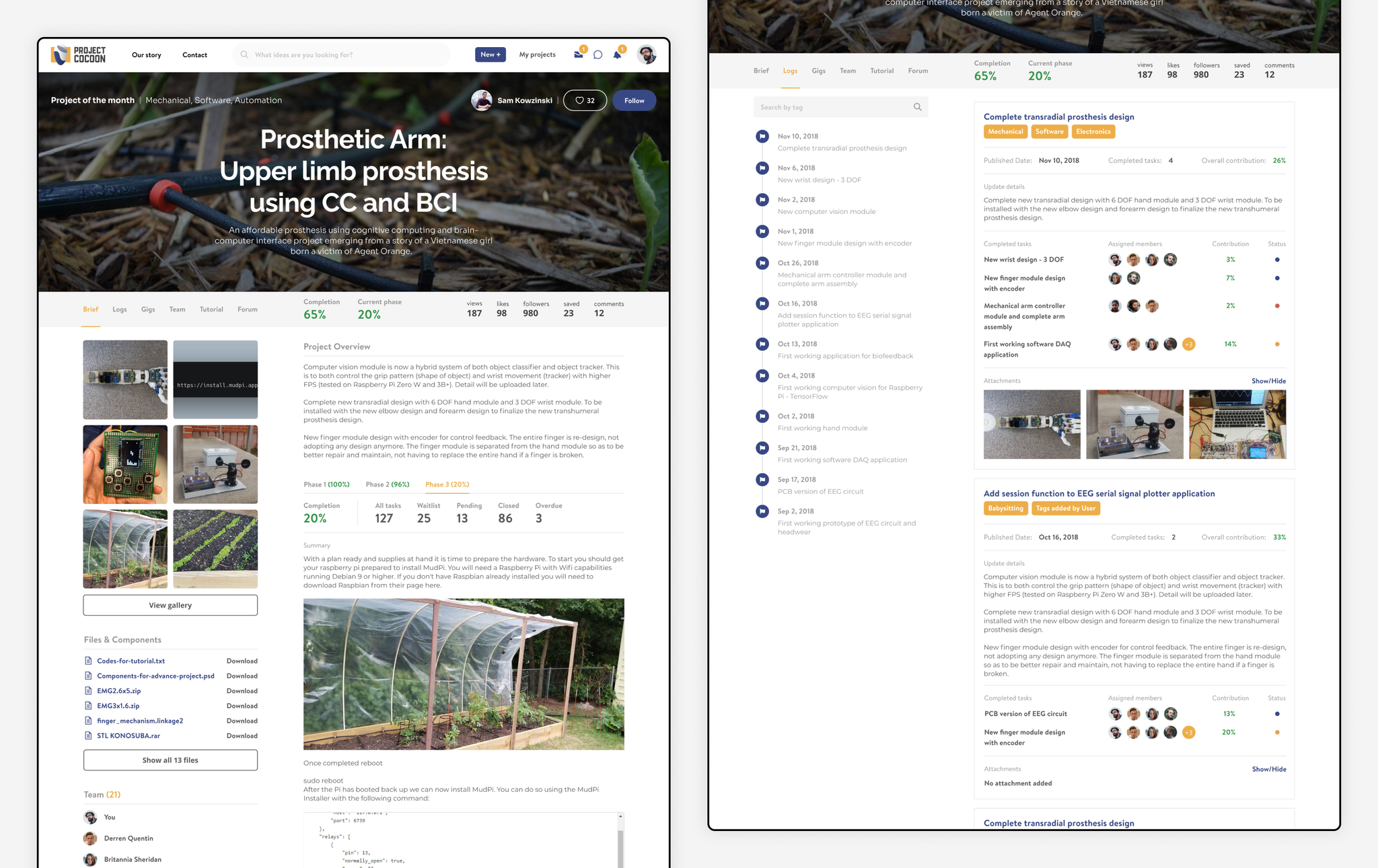 A ProjectCocoon project page with phases, logs, and team