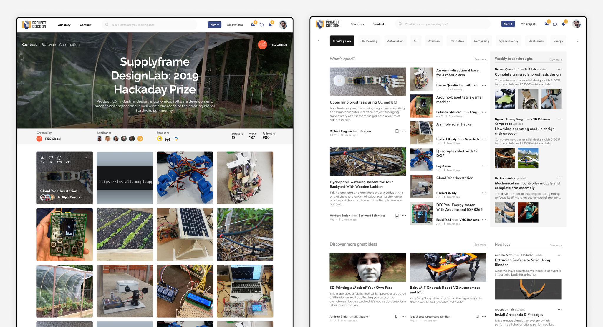 Contest and discovery pages on ProjectCocoon